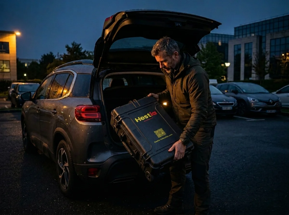 Formateur chargeant la valise IP67 dans son coffre