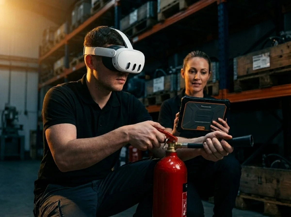 Stagiaire manipulant l'extincteur CO₂ connecté pendant la simulation