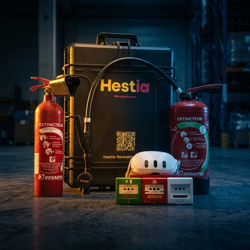 Formateur guidant un stagiaire en situation de formation incendie AR